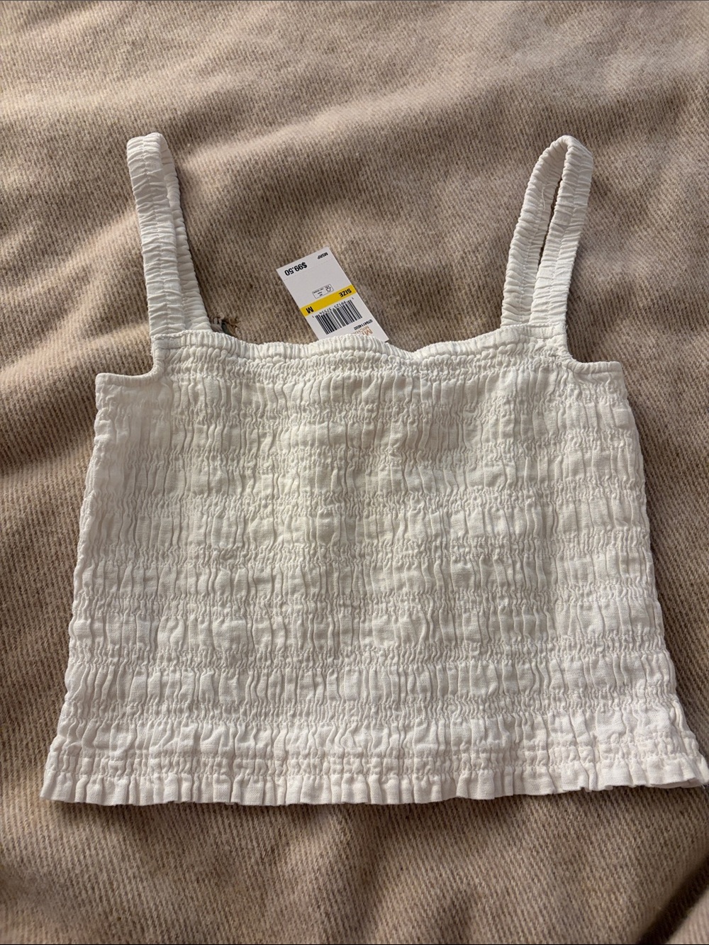 Michael Kors NWT Linen Blend Smocked White Cropped Tank w/ Wide Straps Size Med